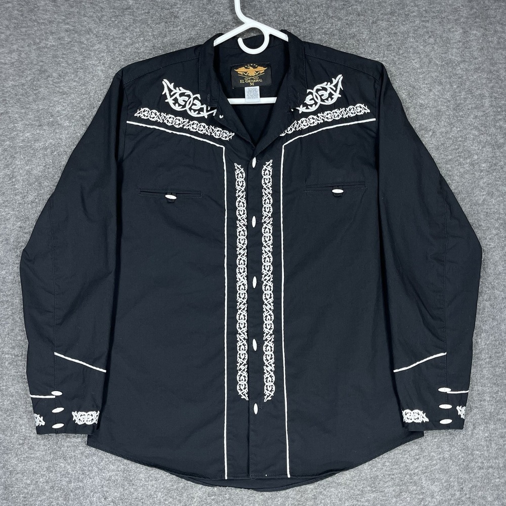 El General Shirt Mens Medium Black White Embroidered Rodeo Western Cowboy